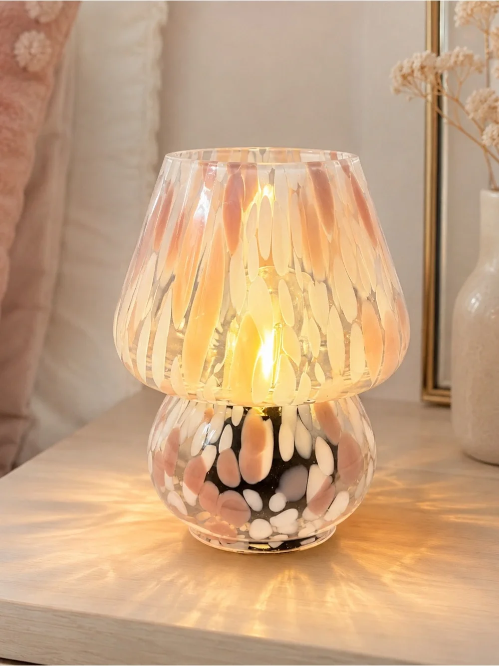 Pink & White Speckled Glass Mushroom Table Lamp Battery Operated Accent Light